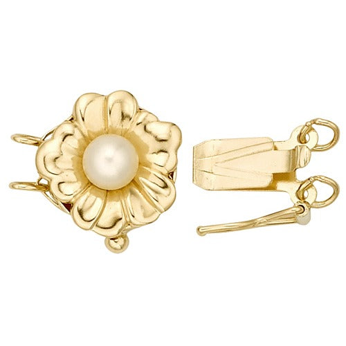 Round 2-Strand Flower Clasp w/ Pearl, 14k Yellow Gold