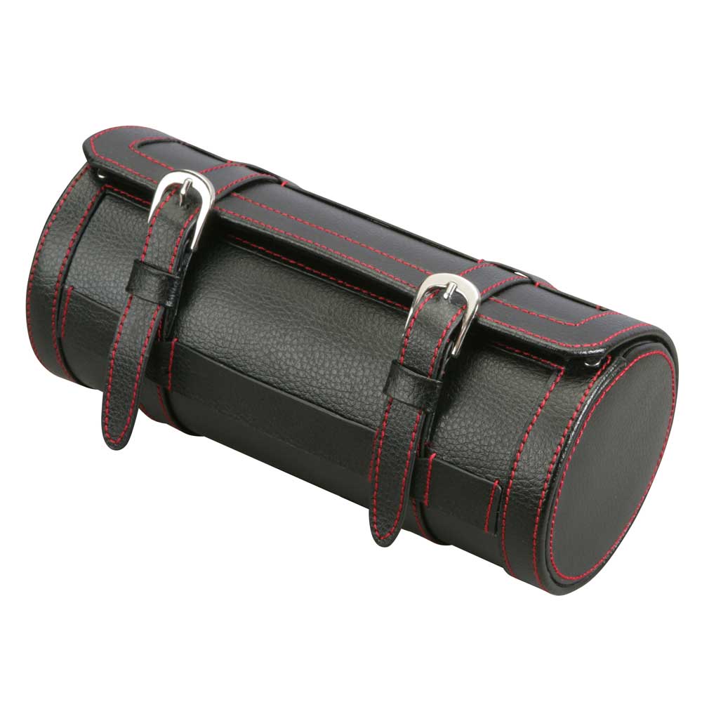 Diplomat 3 Watch Travel Roll - Black Leatherette & Red Stitching / Black Suede Interior