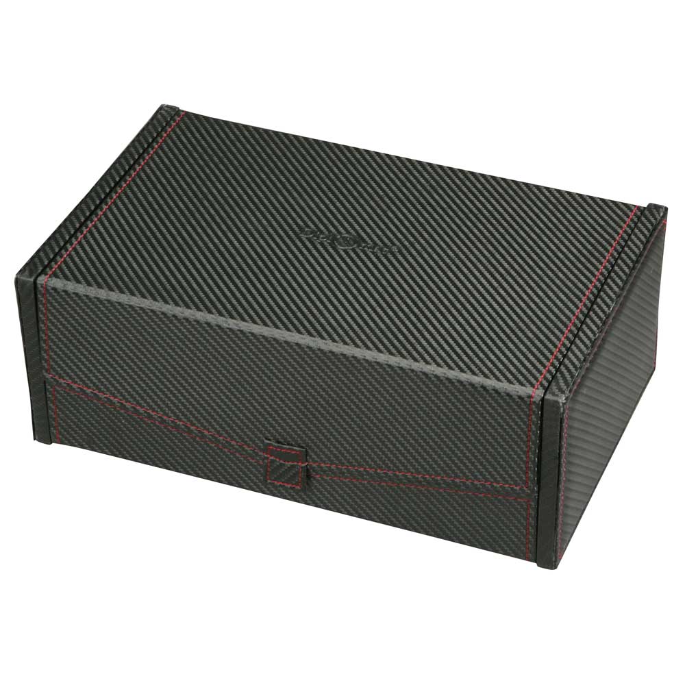 Diplomat Ten Watch Case - Black Carbon Fiber Pattern / Red Stitching / Black Suede / Removable Trays
