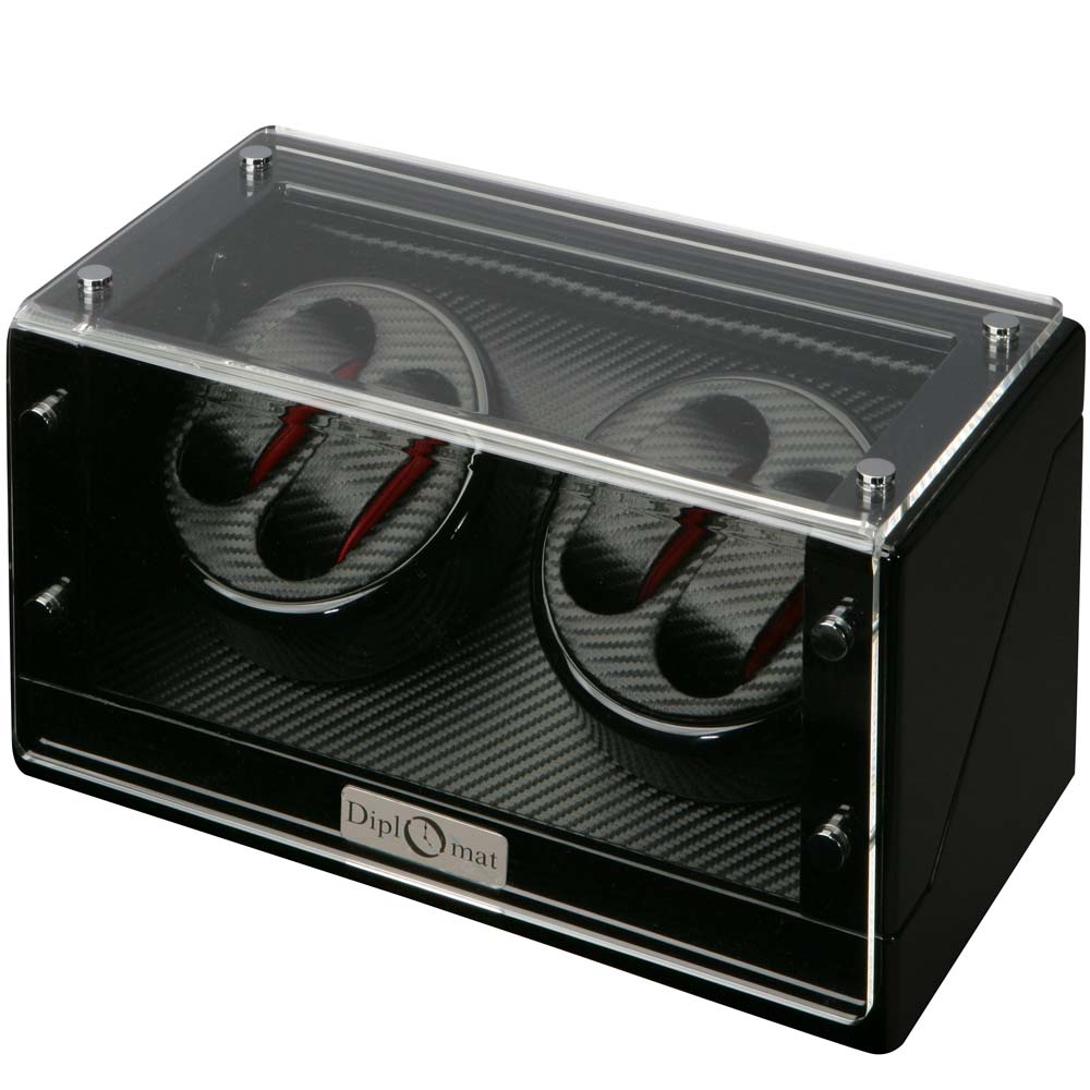 Diplomat Quad (4) Watch Winder - Black Wood / Carbon Fiber Pattern & Bold Red Leatherette Accents Finish