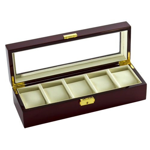 Diplomat "Estate" 5-Watch Glass-Top Cases in Mahogany