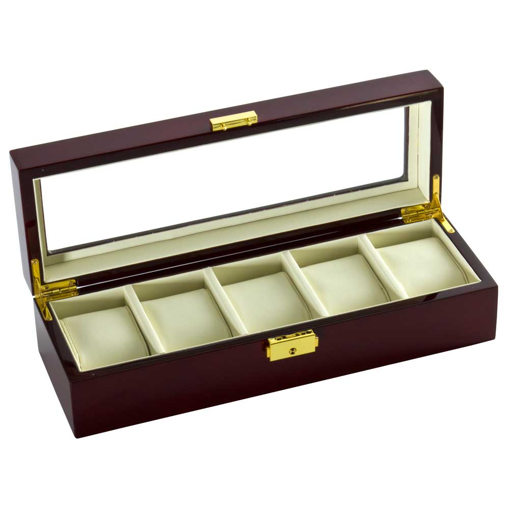 Diplomat "Estate" 5-Watch Glass-Top Cases in Mahogany