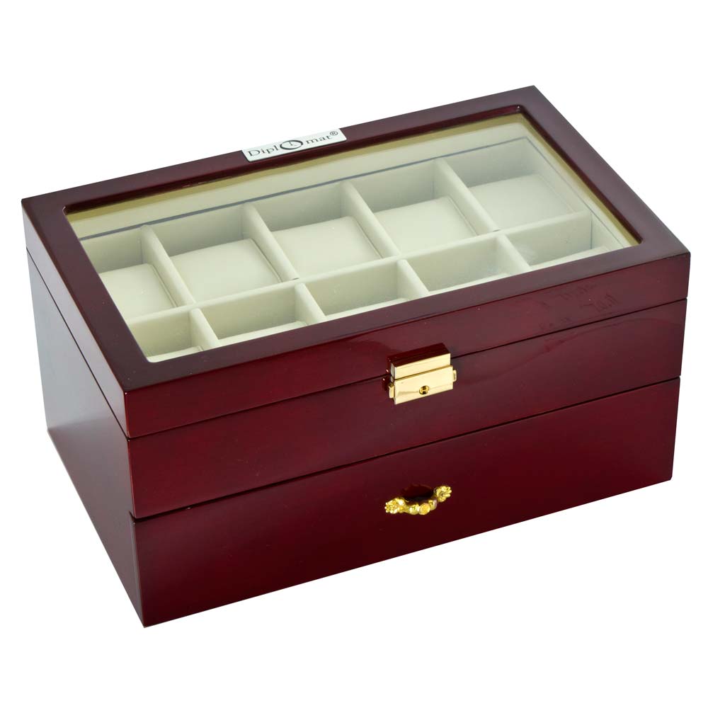 Diplomat "Estate" 20-Watch Glass-Top Cases in Mahogany
