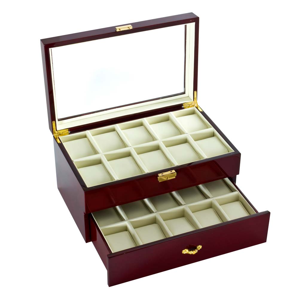 Diplomat "Estate" 20-Watch Glass-Top Cases in Mahogany