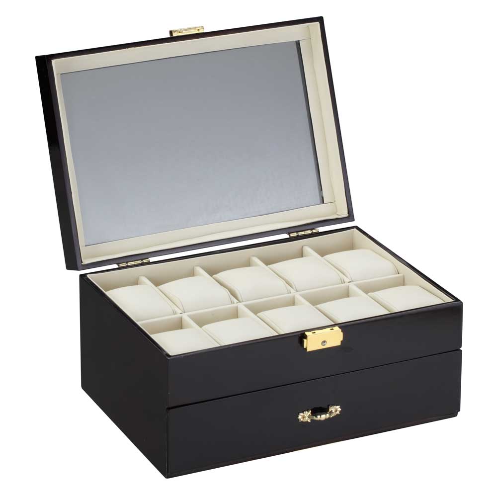Diplomat "Estate" 10-Watch Glass-Top Cases in Ebony or Burlwood