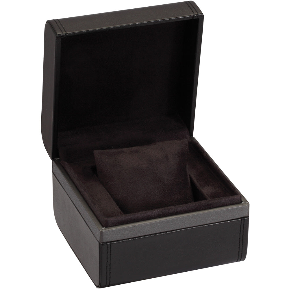 Single (1) Watch Box - Black Leatherette Finish with Black Microfiber Suede Interior