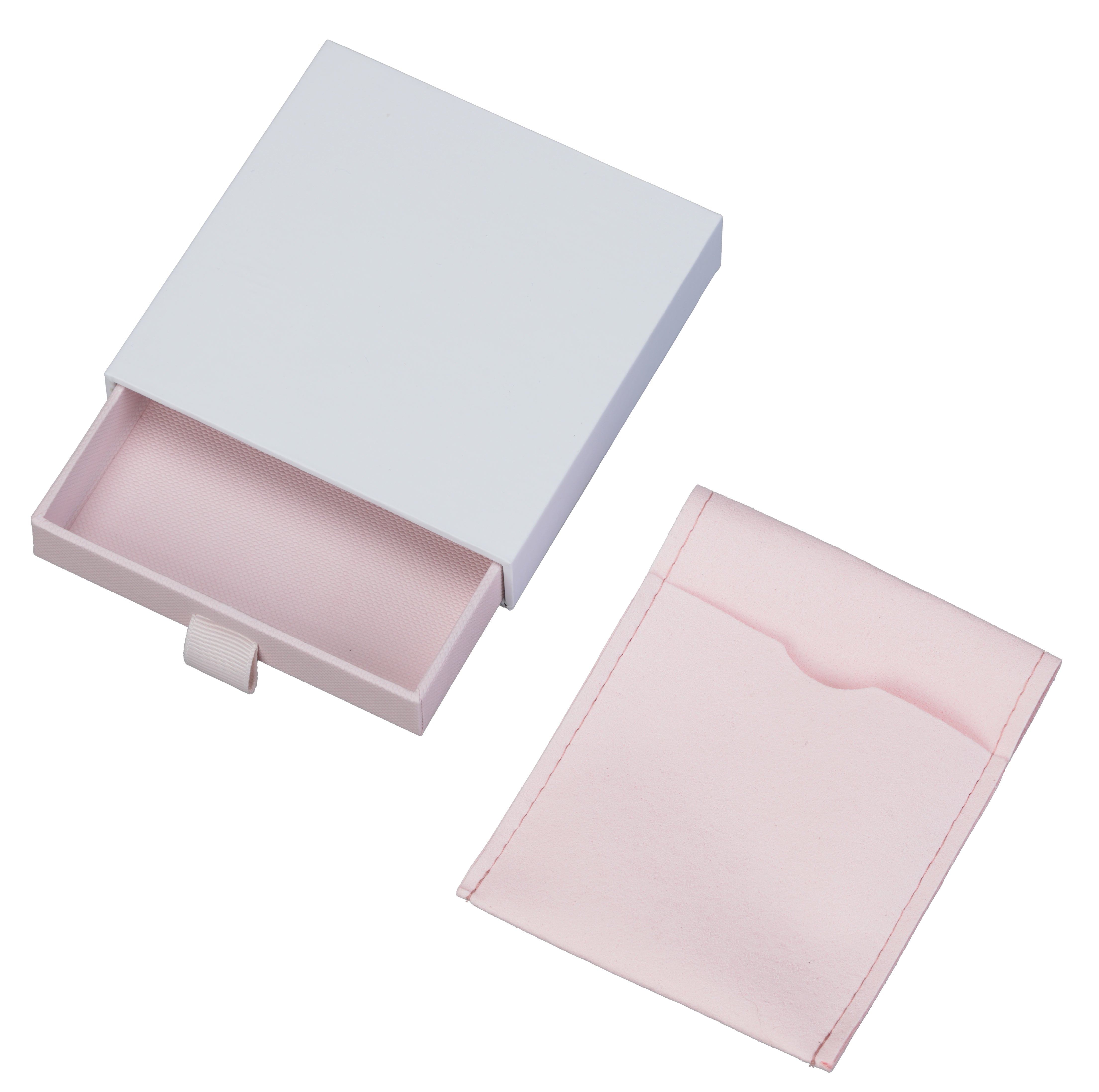 "Cassie"  Medium Sliding White/Pink Drawer Box with Pink Microsuede Pouch
