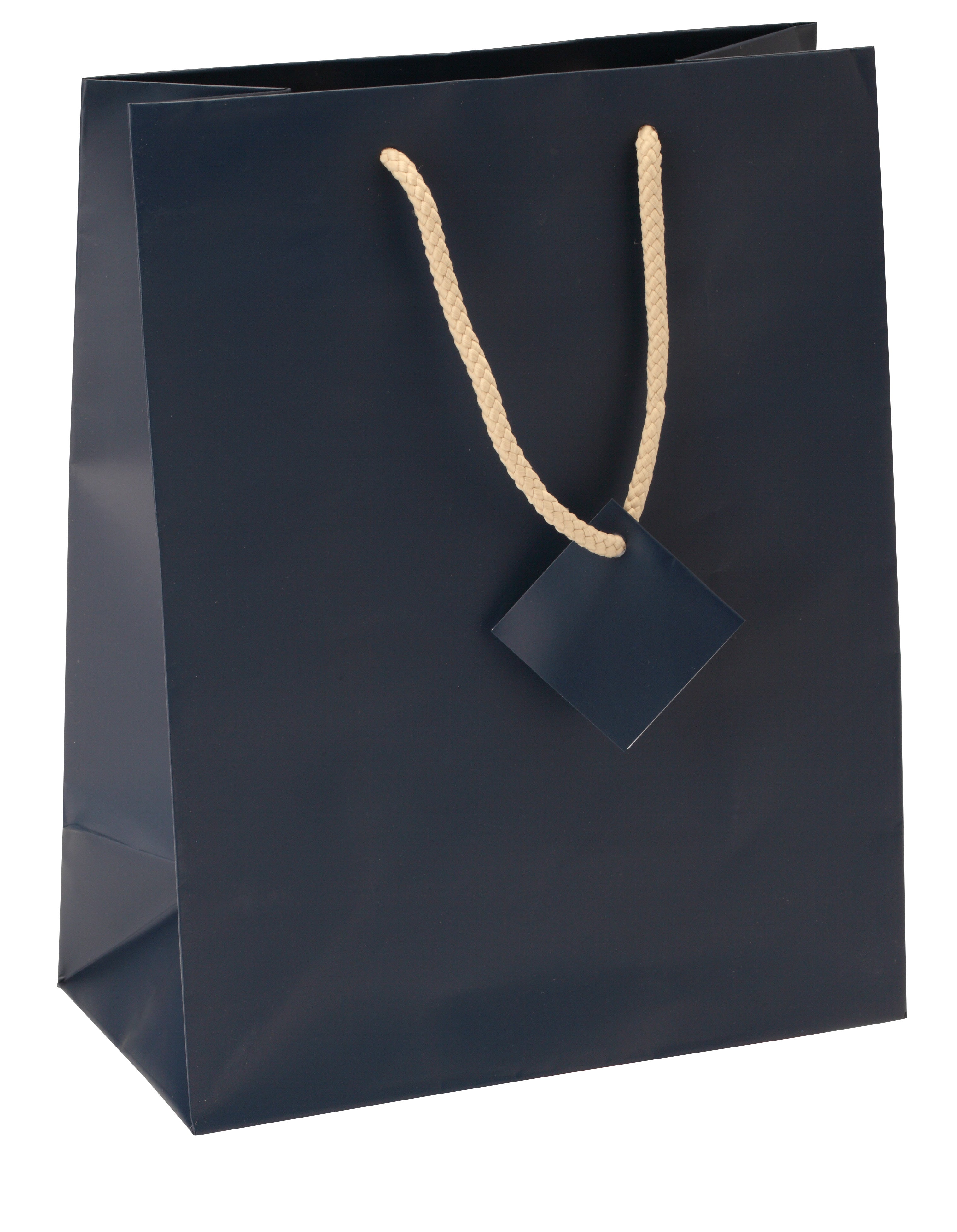 Satin-Finish Tote-Style Gift Bags in Midnight Blue w/Khaki Drawstring