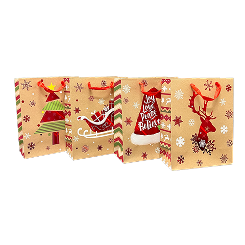 Assorted Kraft Metallic Printed Christmas Tote Bags