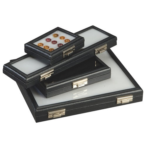 Glass-Top Black Wood Gem Boxes w/Reversible Flat-Foam Inserts & Lock