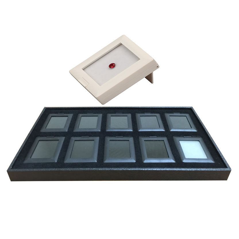 10 Glass-Top White 2.88 x 2.25" Glass-Top Gem Boxes Inserts in Plastic Trays, 14.75" L x 8.25" W