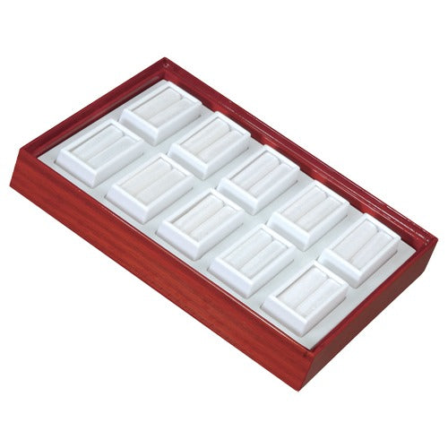 10 Glass-Top 2 x 1" Gem Jars w/White Rolled-Foam Inserts in Mahogany Wood Trays, 8" L x 5.5" W