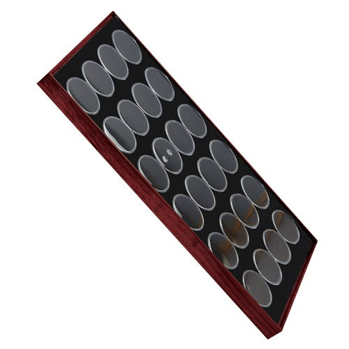 24 Acrylic 1.13" Ø Gem Jars w/Black Flat-Foam Inserts in Mahogany Wood Trays, 14.75" L x 8.25" W