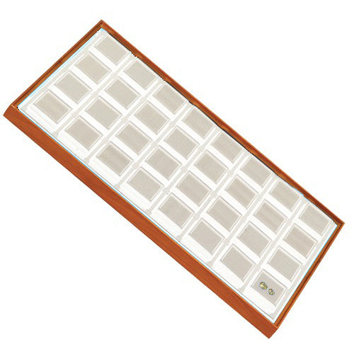 32 Glass-Top 1 x 1" Gem Jars w/White Rolled-Foam Inserts in Beech Wood Trays, 14.75" L x 8.25" W