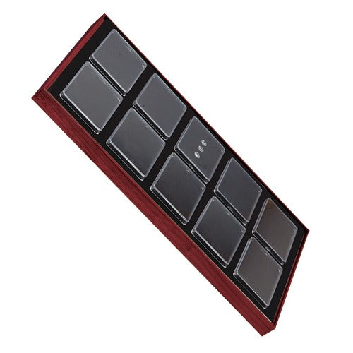 10 Acrylic 3 x 2.25" Gem Jars w/Black Flat-Foam Inserts in Mahogany Wood Trays, 14.75" L x 8.25" W