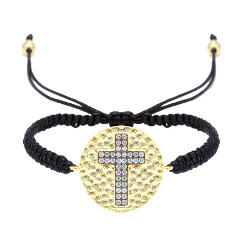 Gold Plated Silver Disk with Hammer Finish and Cubic Zirconia 2 Row Cross
