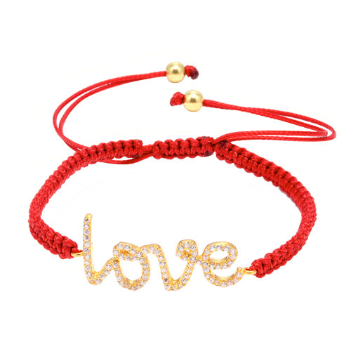 Gold Plated Silver "Love" and Cubic Zirconia Macrame Bracelet